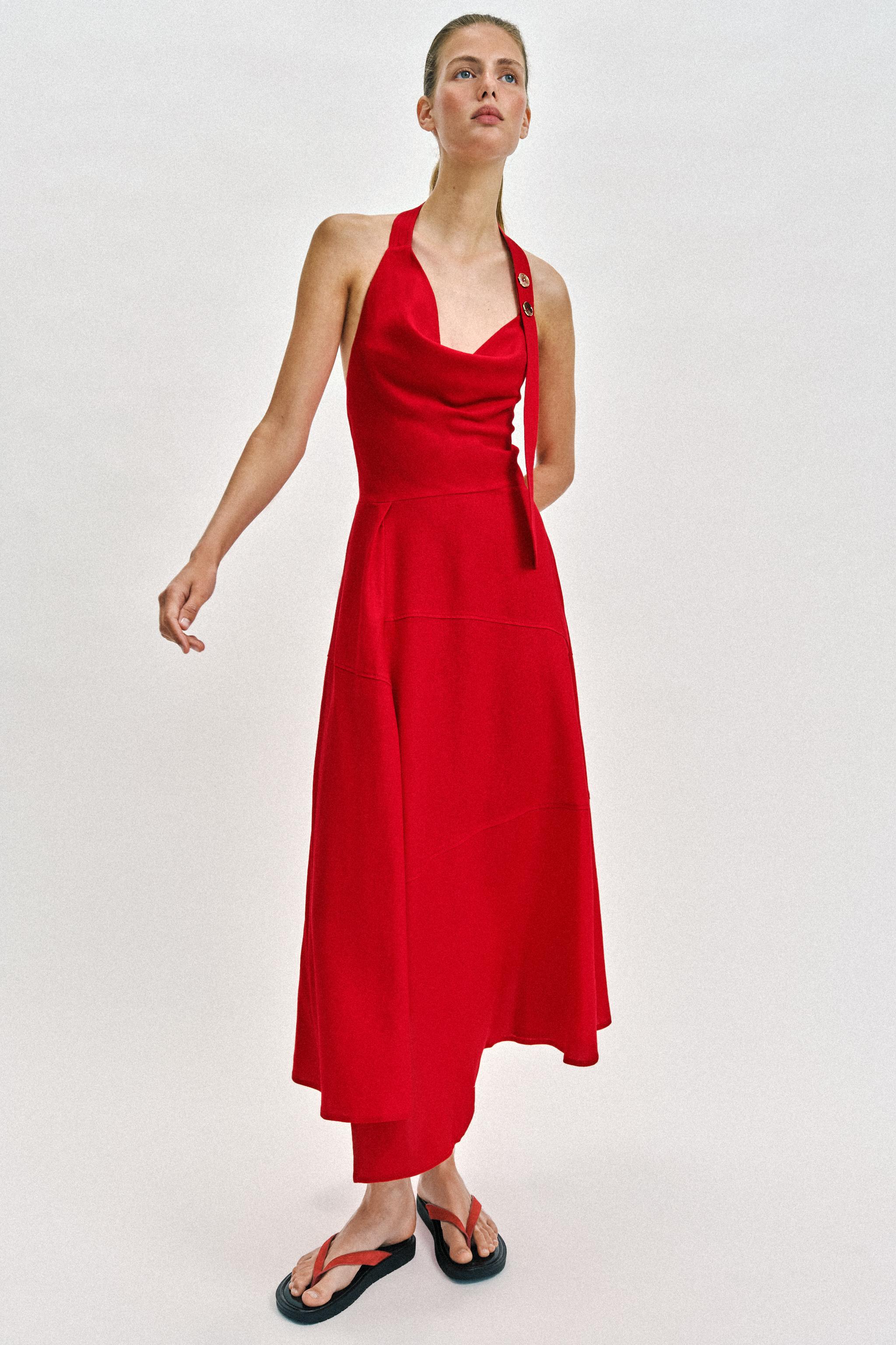 LINEN BLEND HALTER MIDI DRESS